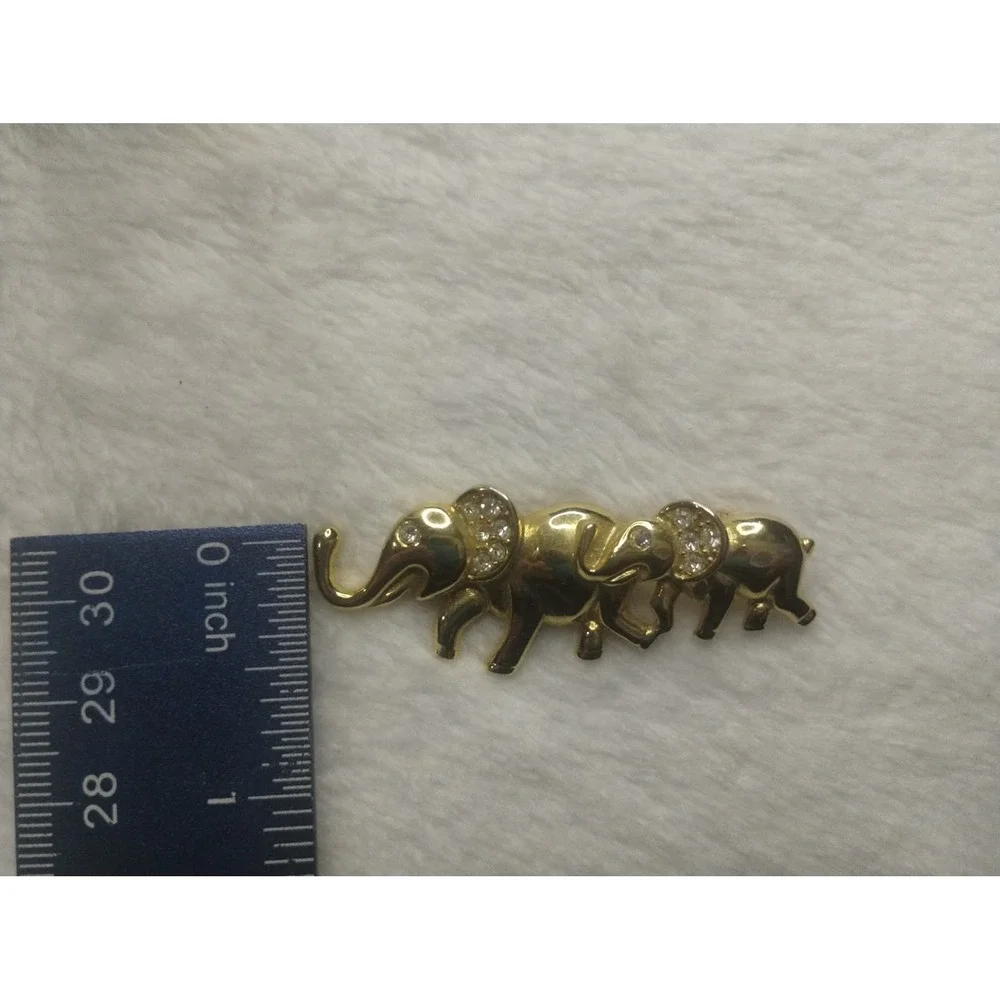 AJMC Gold Tone Rhinestone Elephant Family‎ Brooch Pin Good Luck Trunk Up Bin 2